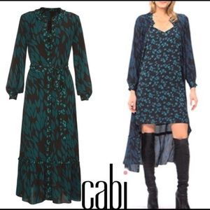 NWOT CAbi 4017 Green Autumn Leaf 2 Piece Dress Tie Belt Long Sleeve Button Large